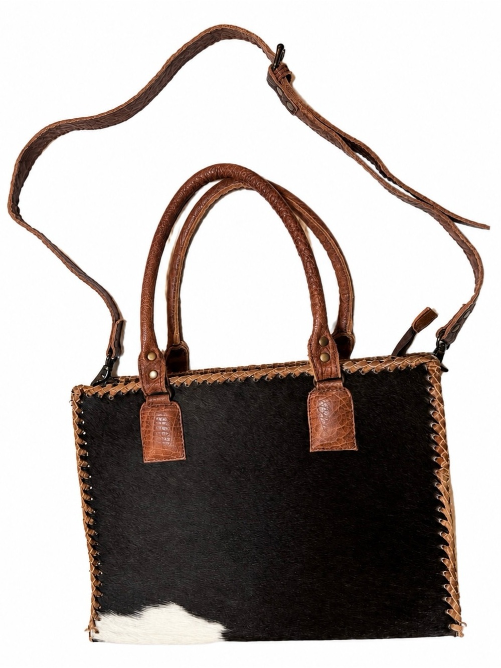 American Darling Black Brown & White Hair-On Cowhide Leather Tote Bag NWOT